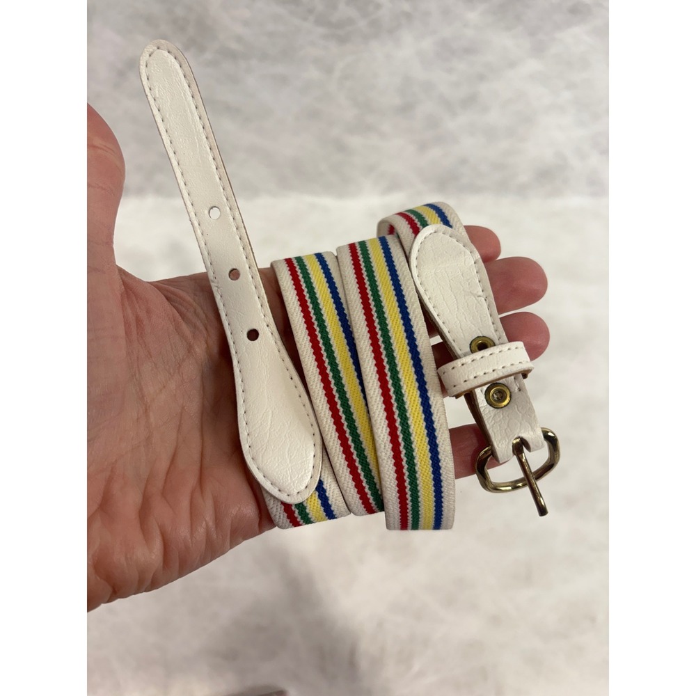 Vintage Rainbow Striped Stretchy Skinny Belt White Gold Buckle Retro 31-33 Inch